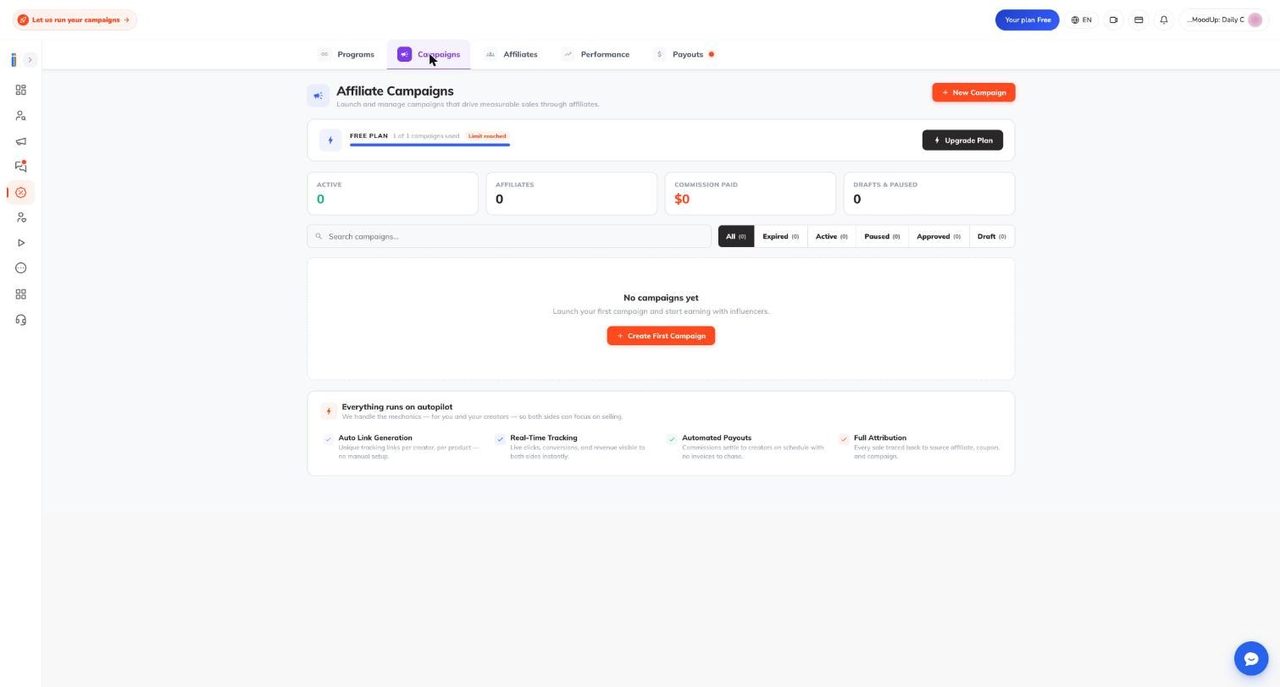 Campaigns tab of the Ainfluencer affiliate dashboard showing the Free plan limit reached and empty counters