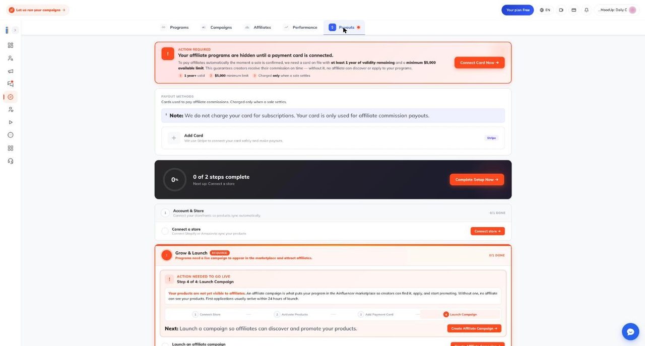 Payouts tab of the Ainfluencer affiliate dashboard showing the card requirement banner and setup checklist