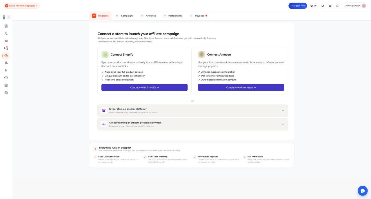 Programs tab of the Ainfluencer affiliate dashboard with Connect Shopify and Connect Amazon cards