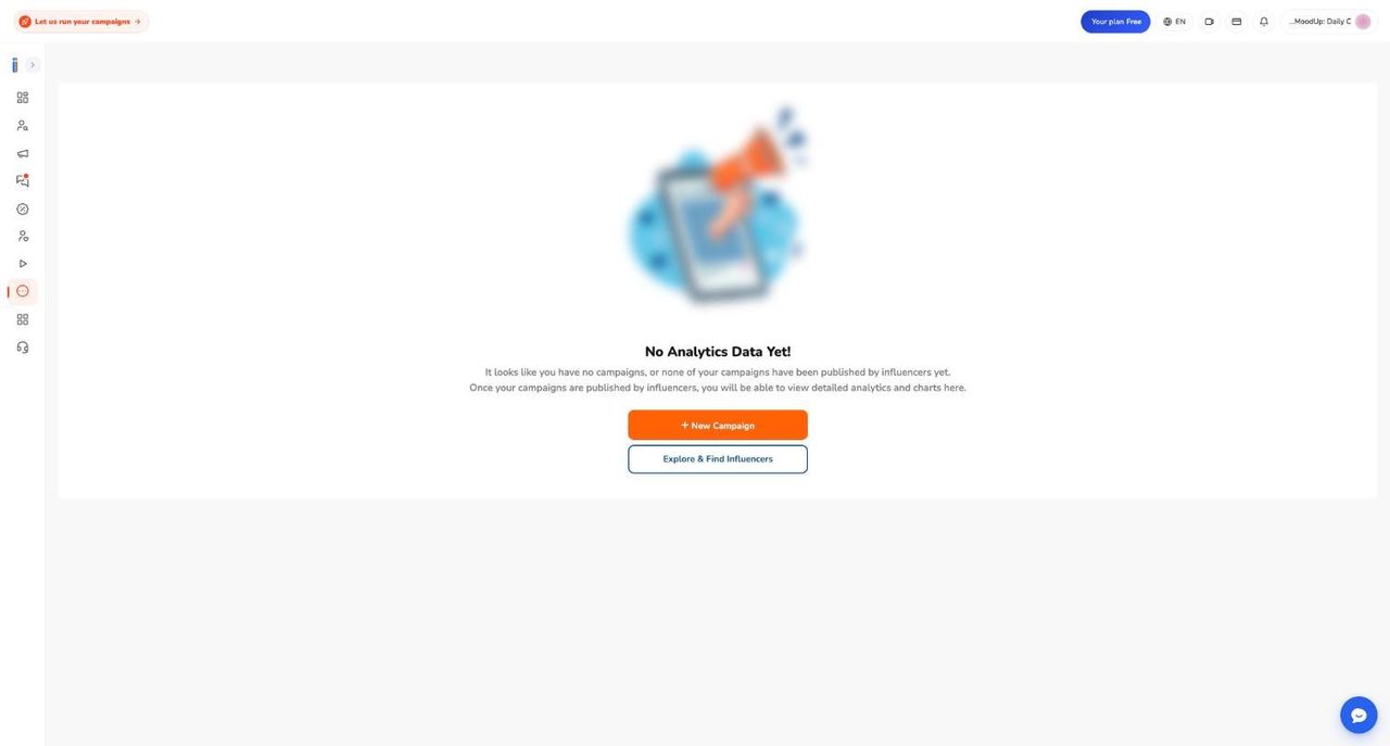 Analytics page showing No Analytics Data Yet with New Campaign and Explore and Find Influencers buttons