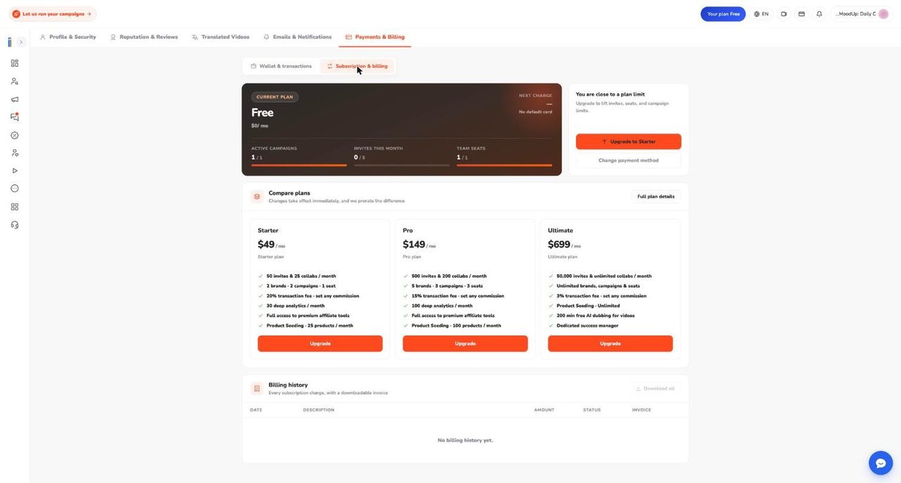 The Subscription and billing tab showing Free as the current plan, usage meters, plan cards for Starter, Pro and Ultimate and an empty Billing history table