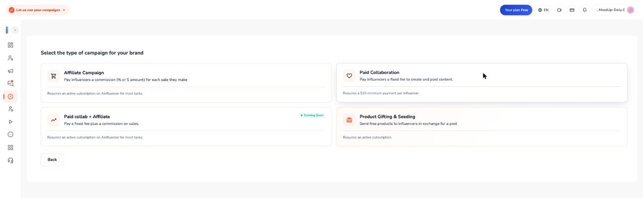 Campaign type picker with four cards: Affiliate Campaign, Paid Collaboration, Paid collab plus Affiliate marked Coming Soon, and Product Gifting and Seeding