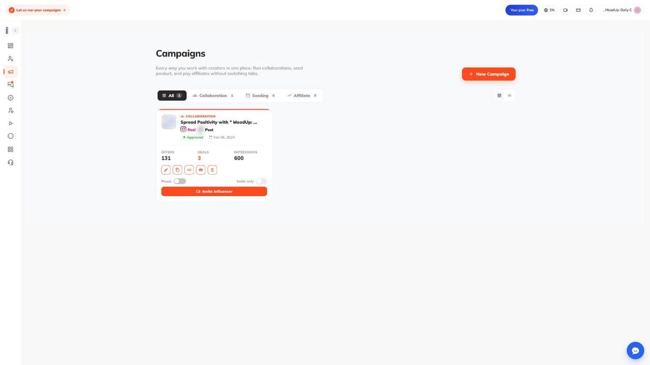 Campaigns page listing one collaboration campaign with offers, deals and impressions, action icons, Pause and Invite only toggles