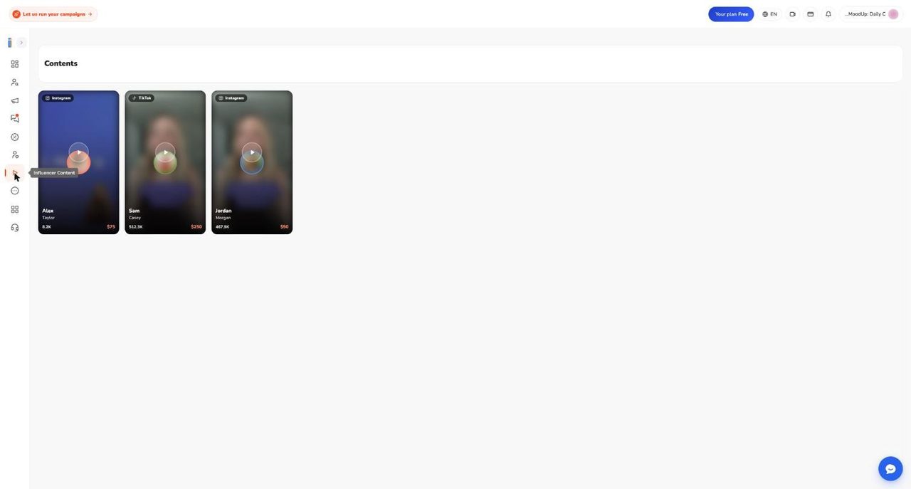Influencer Content page titled Contents with three video cards showing platform, creator name, followers and price