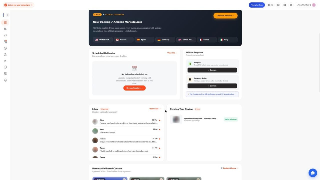 Dashboard middle section showing Scheduled Deliveries, Affiliate Programs, the Inbox with 18 unread and the Pending Your Review block