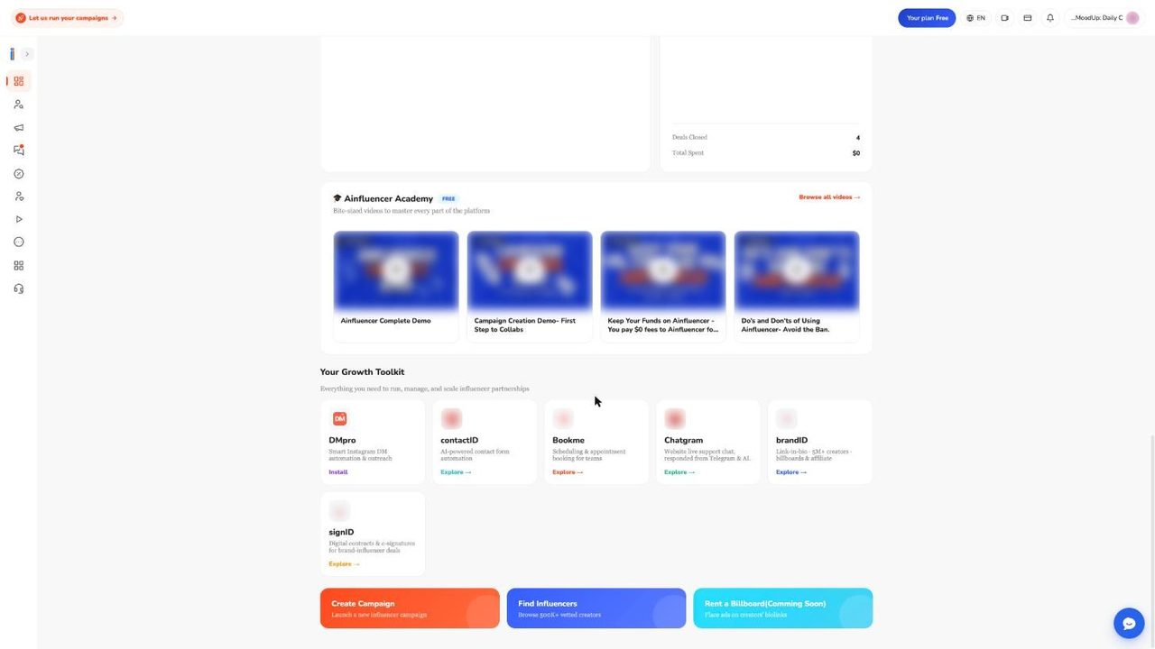 Your Growth Toolkit section on the Ainfluencer dashboard with DMpro, contactID, Bookme, Chatgram, brandID and signID tiles