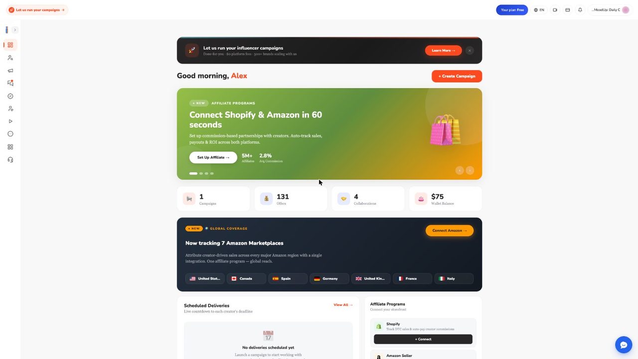 Ainfluencer brand dashboard top section with greeting, Create Campaign button, banner carousel, four counters and Amazon marketplace banner