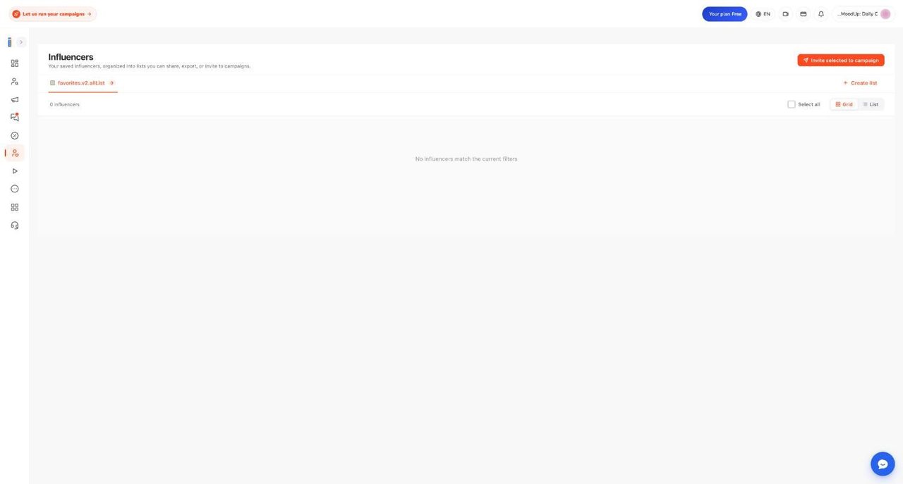 Favorite Influencers page with an empty list, Create list button and Invite selected to campaign button