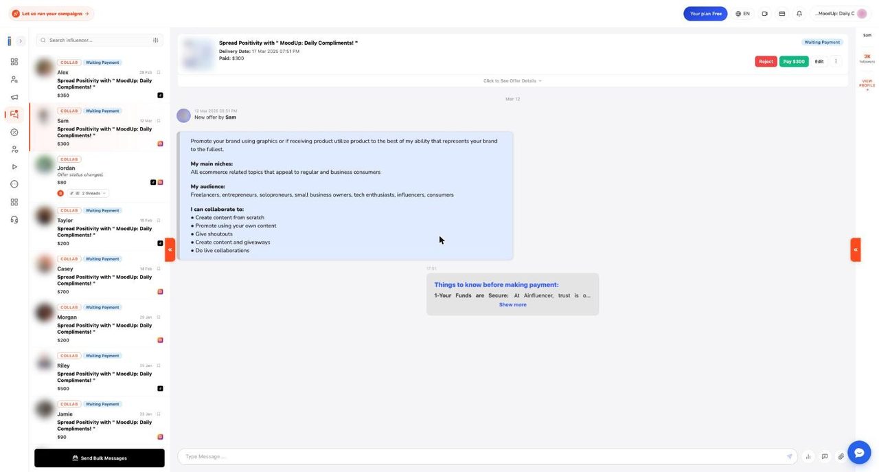 Inbox with a list of collab threads tagged Waiting Payment on the left and an offer card with Reject, Pay and Edit buttons in the chat