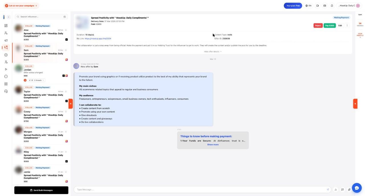 Chat with the offer details panel expanded showing duration, content type, bio link and offer ID