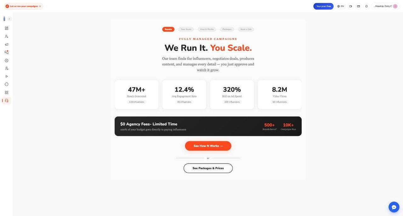 The Fully Managed Campaigns page headed We Run It, You Scale, with four statistic tiles and a zero agency fees banner