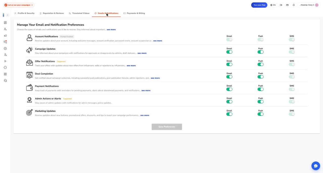 The Emails and Notifications page with seven categories and Email, Push and SMS switches