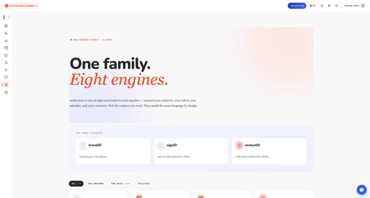 Our Apps page headed The brandID family with brandID, signID and contactID flagships and filter pills