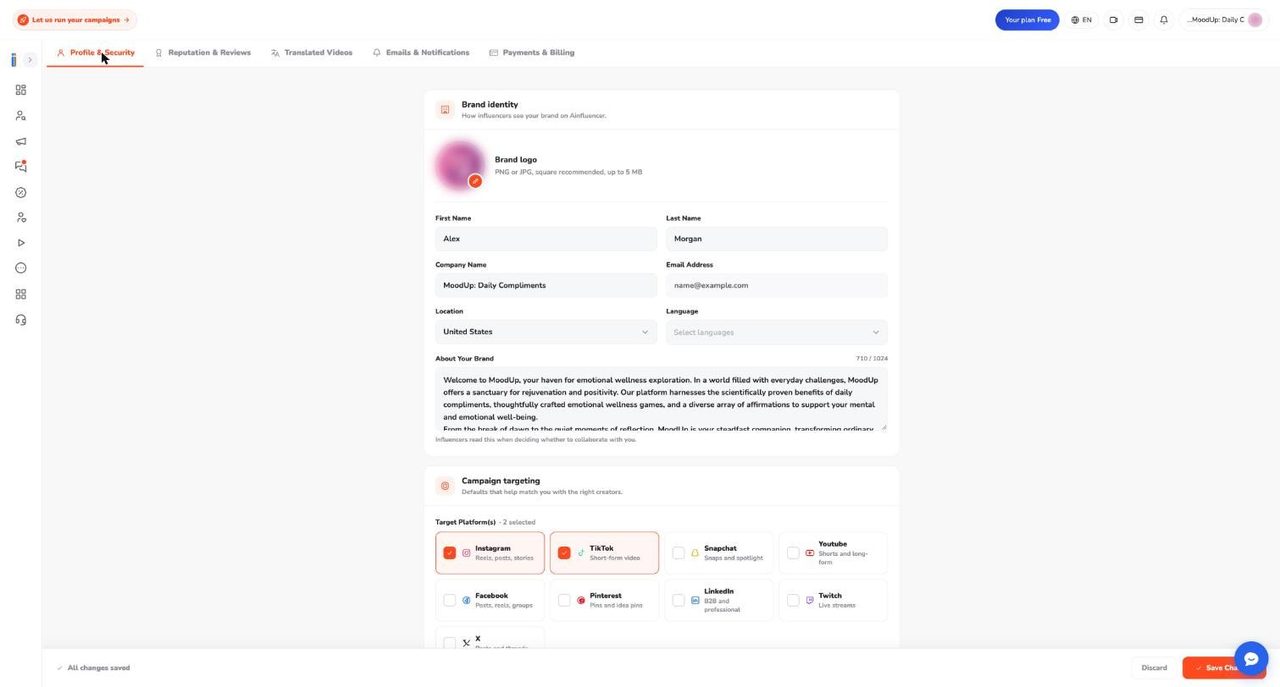 The Profile and Security page with Brand identity, logo upload, name fields, location, language and About Your Brand