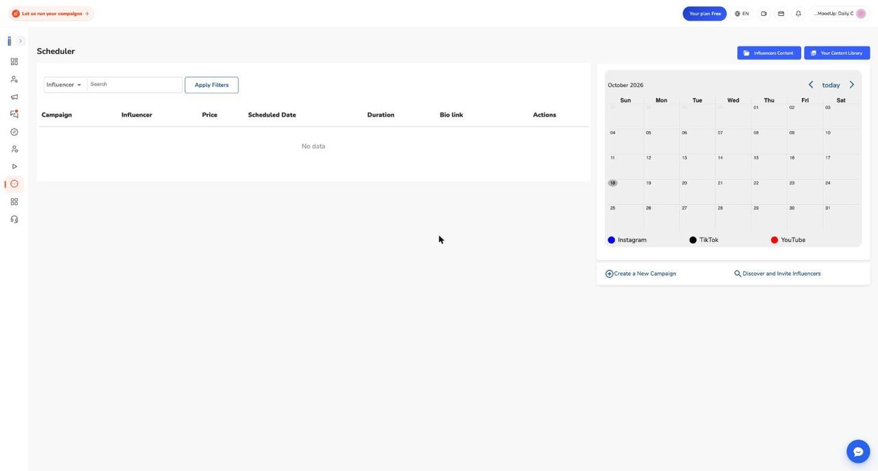 Scheduler page with a filter bar, an empty deal table and an October 2026 calendar with an Instagram, TikTok and YouTube legend