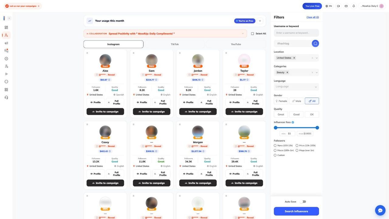 Find Influencers page with a grid of creator cards and a filter panel on the right