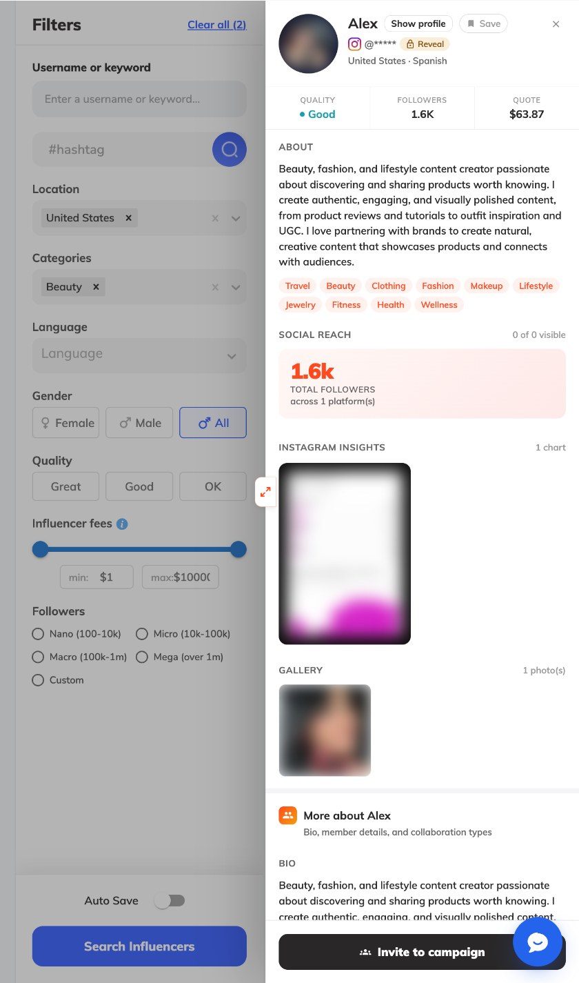 Creator profile drawer showing quality, followers, quote, about text, tags, social reach, Instagram insights and gallery