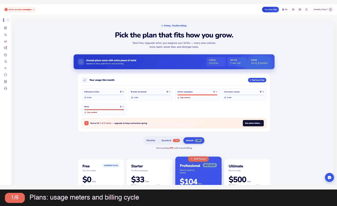Animated slideshow of the Ainfluencer account pages: plans, wallet, billing, brand score, notifications and translated videos