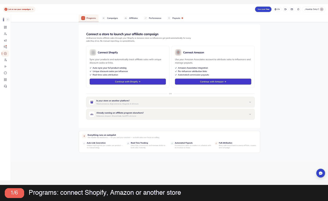 Animated tour of the Ainfluencer affiliate dashboard from the Programs tab to the Payouts tab