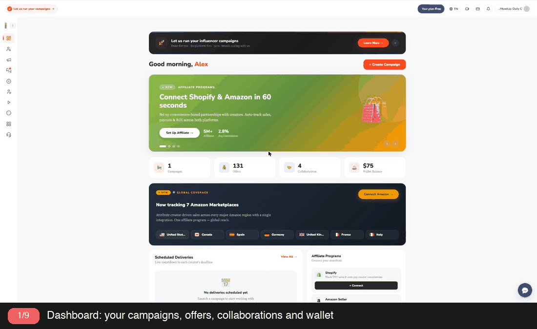 Slideshow of nine Ainfluencer brand screens: dashboard, Find Influencers, campaign types, Campaigns, Inbox, offer details, Influencer Content, Scheduler and Analytics
