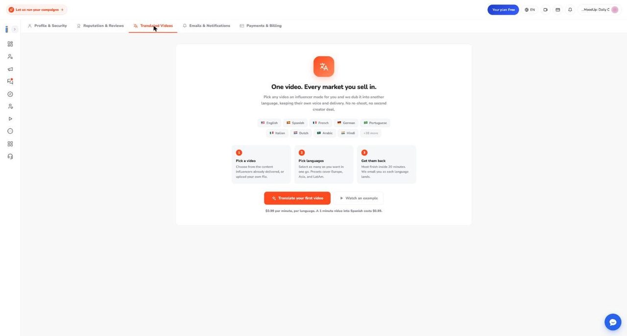 The Translated Videos page headed One video. Every market you sell in, with language chips, three steps and a price note