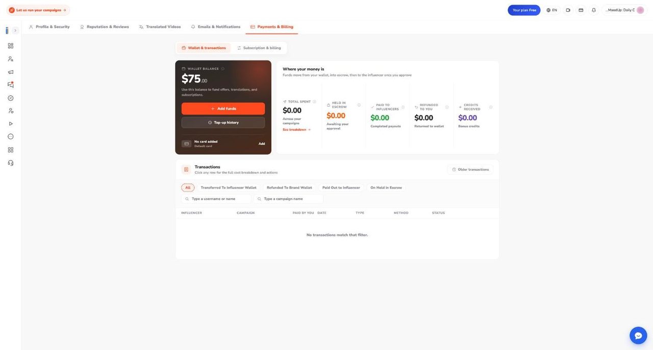 The Wallet and transactions tab in Payments and Billing showing a balance, an Add funds button, Top-up history and five tiles under Where your money is