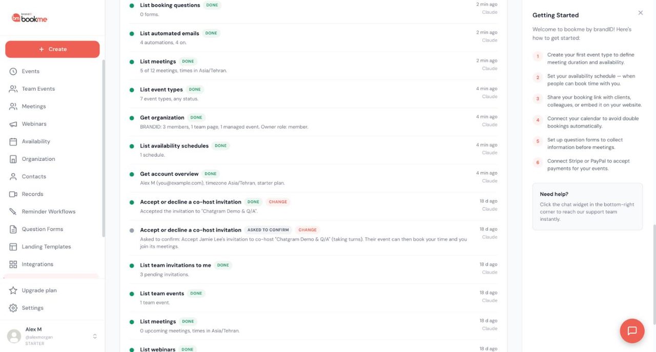 bookme AI Assistants Activity list with rows for list actions marked Done and a co-host invitation row marked Asked to confirm with a Change label