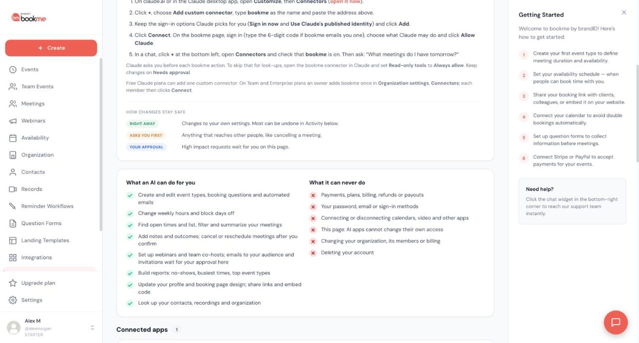 bookme AI Assistants page showing How changes stay safe with Right away, Asks you first and Your approval, and two boxes headed What an AI can do for you and What it can never do