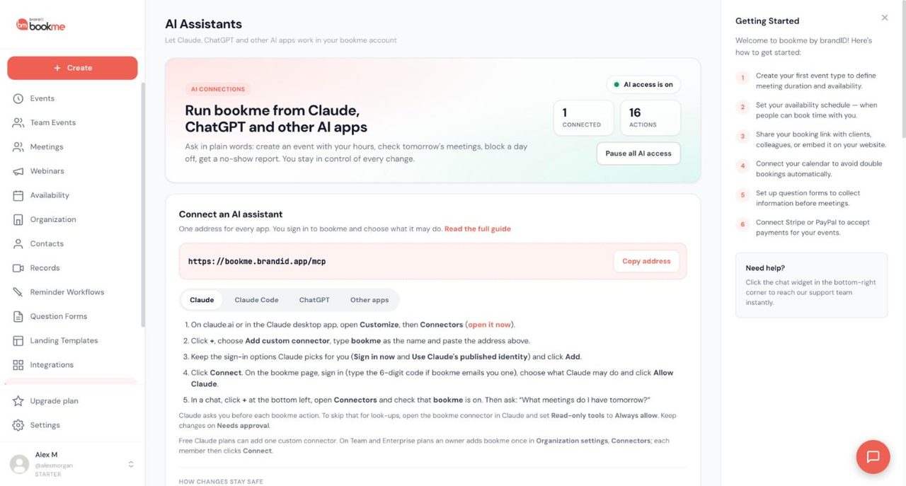 bookme AI Assistants page with the AI access is on badge, Connected and Actions counters, Pause all AI access, the connector address and tabs for Claude, Claude Code, ChatGPT and Other apps