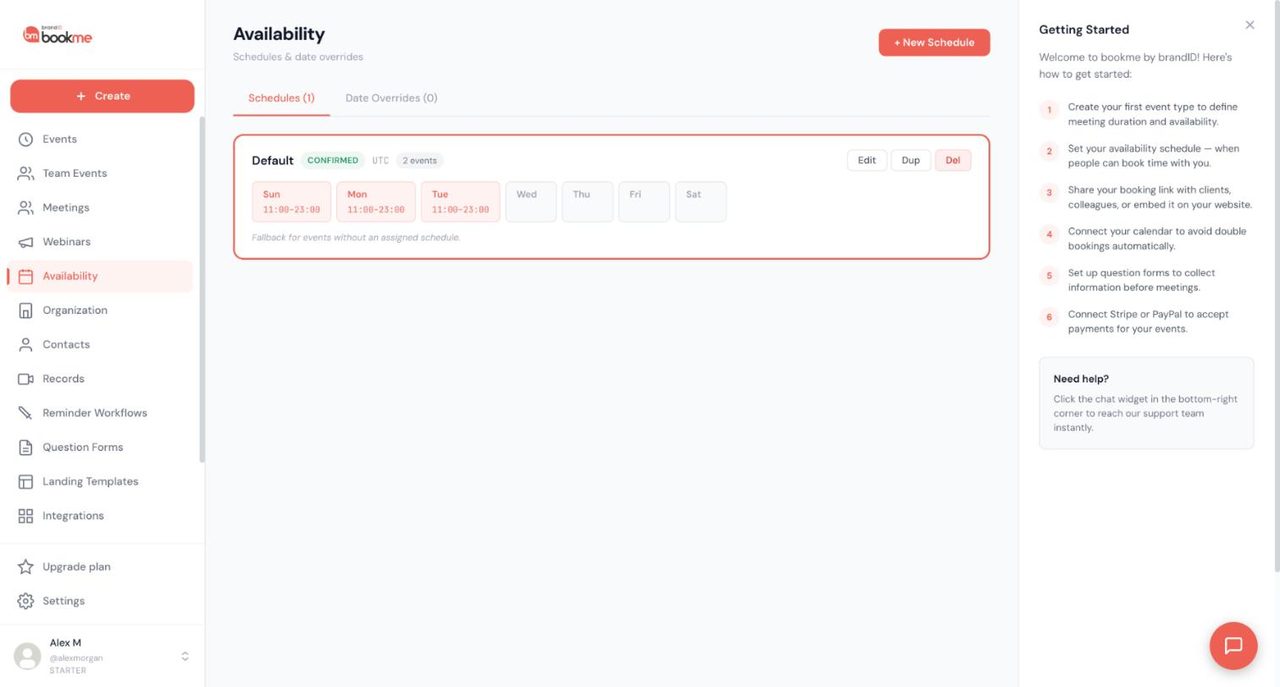 bookme Availability page with Schedules and Date Overrides tabs and a Default schedule card showing weekly hours and Edit, Dup and Del buttons