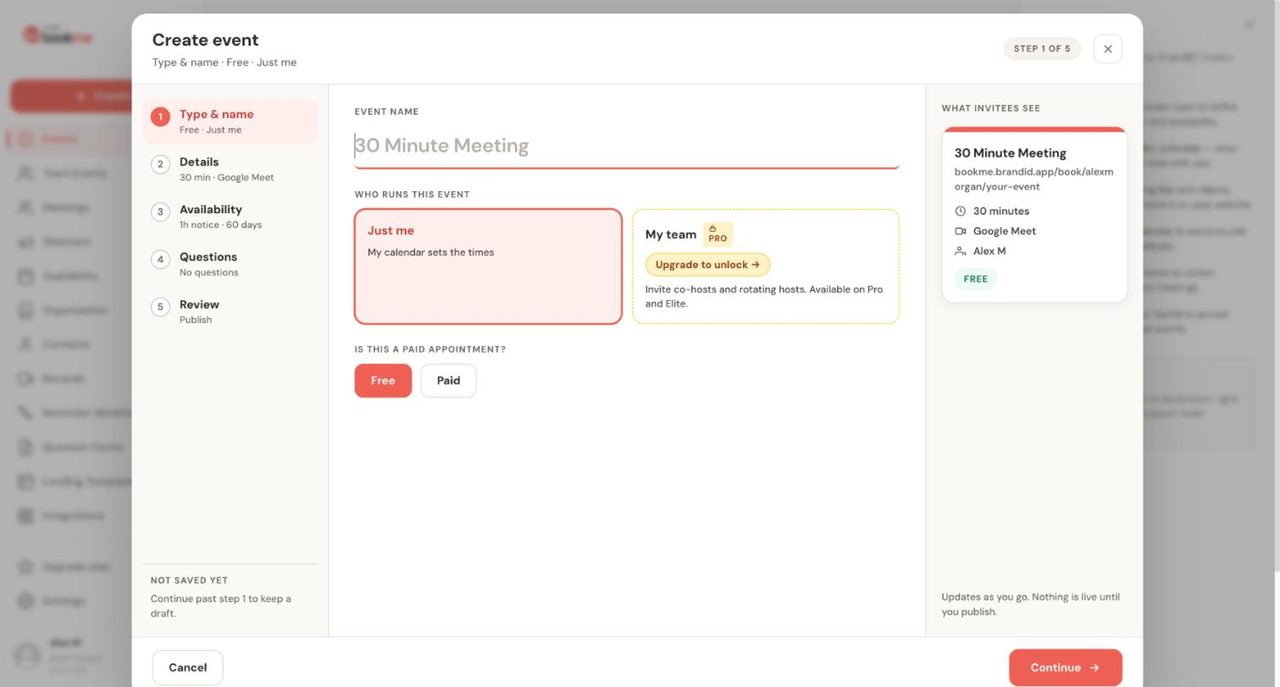 bookme Create event dialog at step one of five with the event name field, Just me and My team options, Free or Paid choice and a What invitees see preview card
