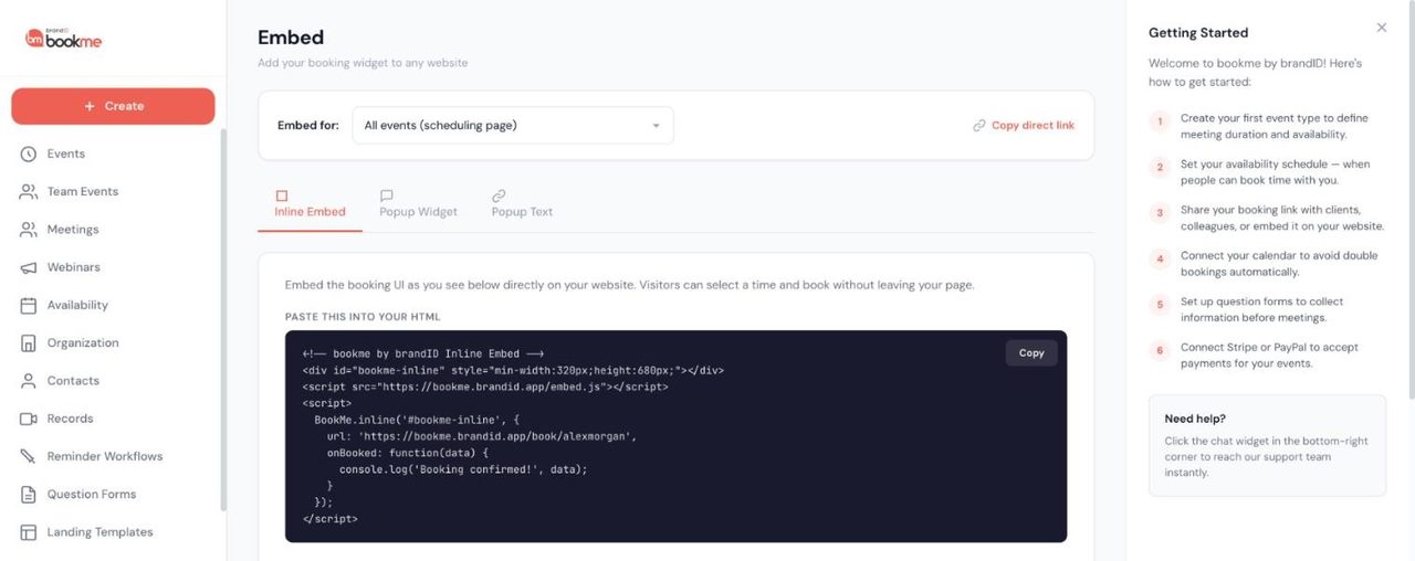 bookme Embed page with an Embed for selector, a Copy direct link action, tabs for Inline Embed, Popup Widget and Popup Text and an HTML snippet with a Copy button