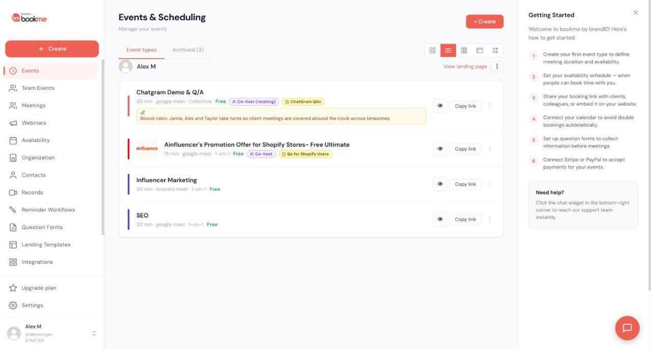 bookme Events page in list view showing event types with duration, location, 1-on-1 or Collective, price badges, Copy link buttons and the Event types and Archived tabs