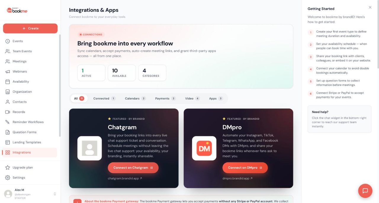 bookme Integrations and Apps page with counters, filter tabs for Calendars, Payments, Video and Apps and featured Chatgram and DMpro cards