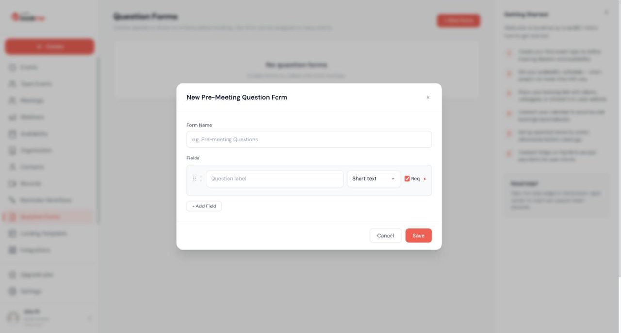 bookme New Pre-Meeting Question Form dialog with a Form Name field, a question label, a type menu set to Short text, a required checkbox and Add Field and Save buttons