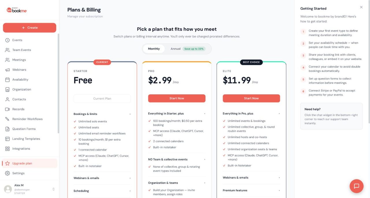 bookme Plans and Billing page with a Monthly and Annual switch and Starter current, Pro at 2.99 dollars a month and Elite at 11.99 dollars a month cards