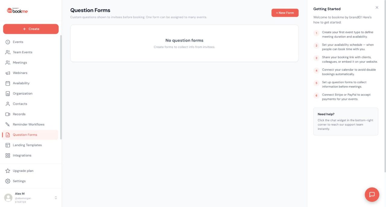 bookme Question Forms page with a New Form button and an empty state reading No question forms
