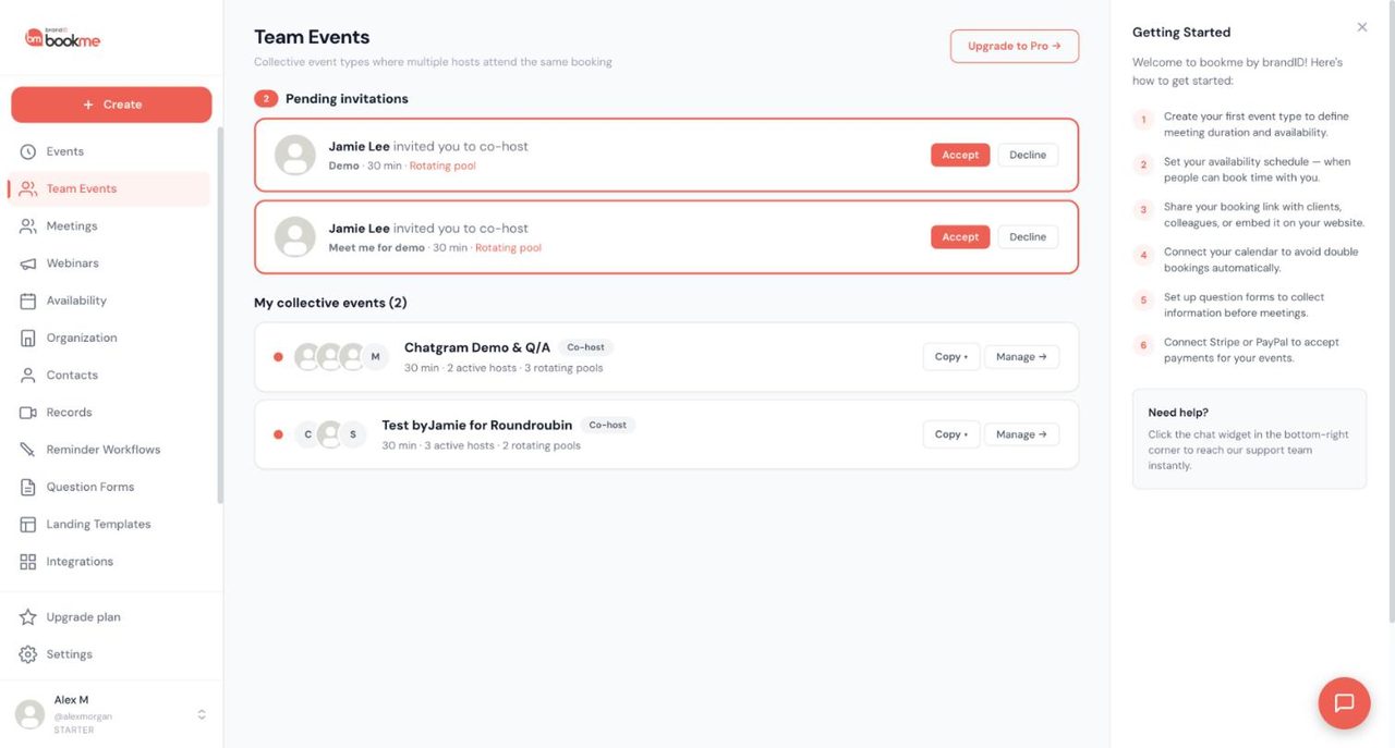 bookme Team Events page with an Upgrade to Pro button, two pending co-host invitations with Accept and Decline buttons and a list of collective events with Copy and Manage buttons