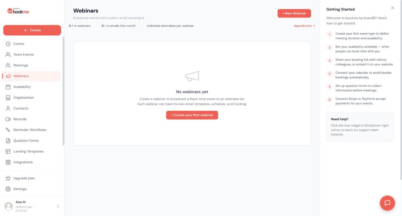 bookme Webinars page with counters under the title, an Upgrade plan link, a New Webinar button and an empty state reading No webinars yet