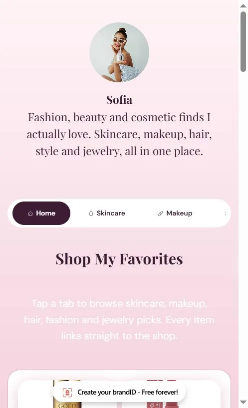 Shop my closet storefront header on brandID showing Sofia's profile photo, bio, and category tabs for skincare and makeup