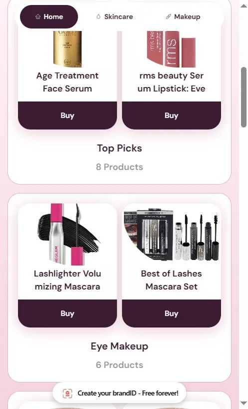 Shop my closet product cards on brandID grouped into Top Picks and Eye Makeup collections, each with a Buy button