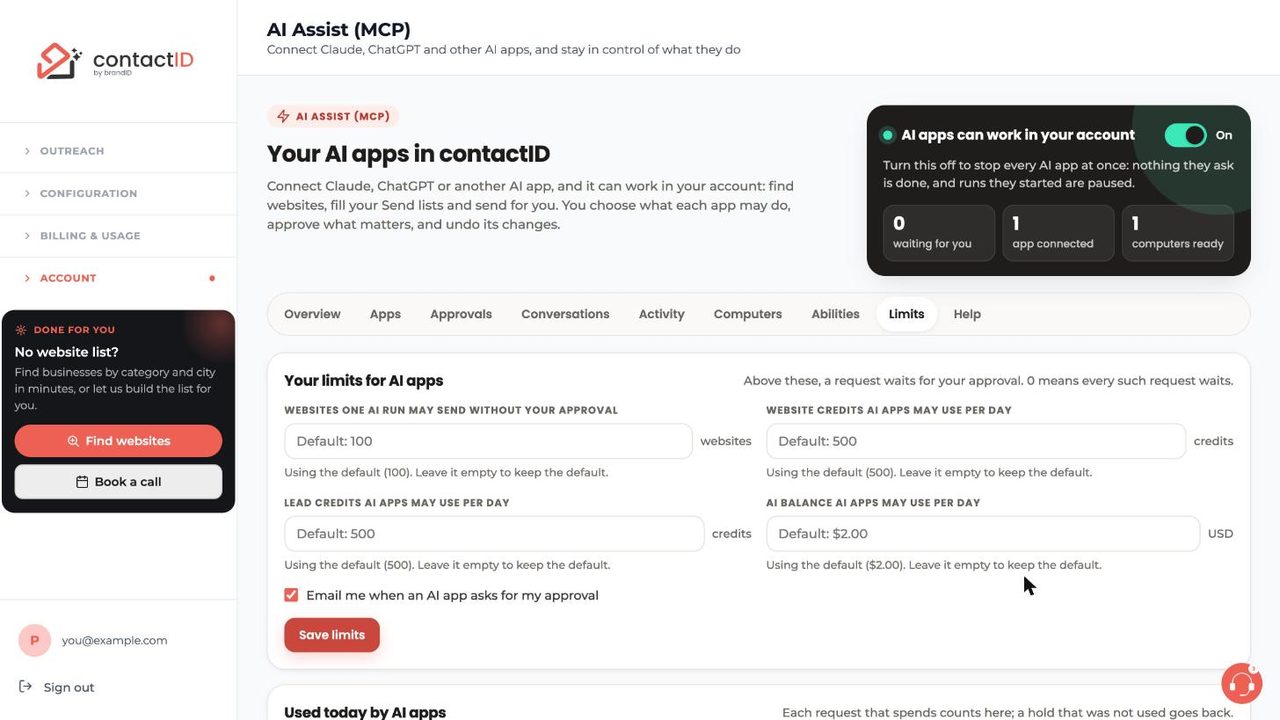 AI Assist Limits tab with four limit fields and a Save limits button