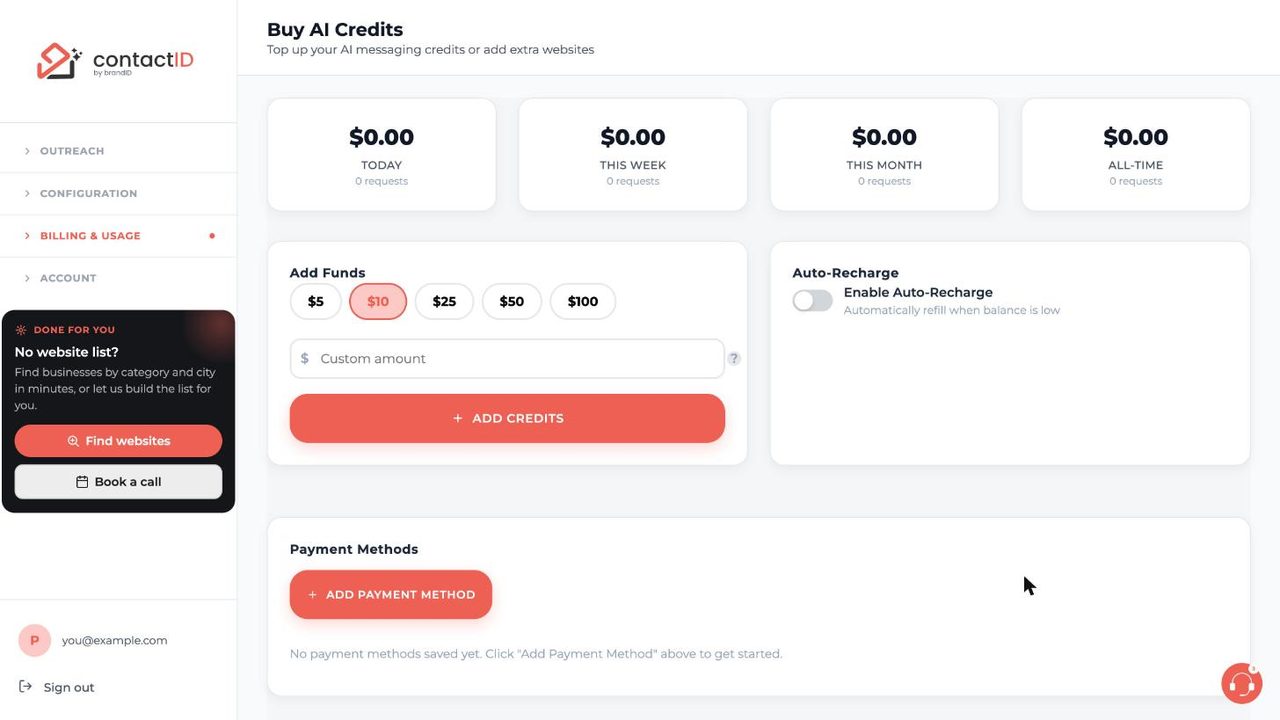 Buy AI Credits page with Add Funds amounts, custom amount and Auto-Recharge