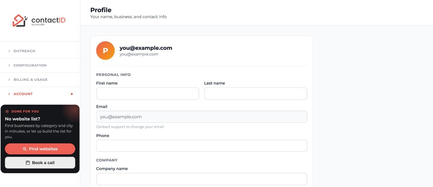contactID Profile page with personal info and company fields