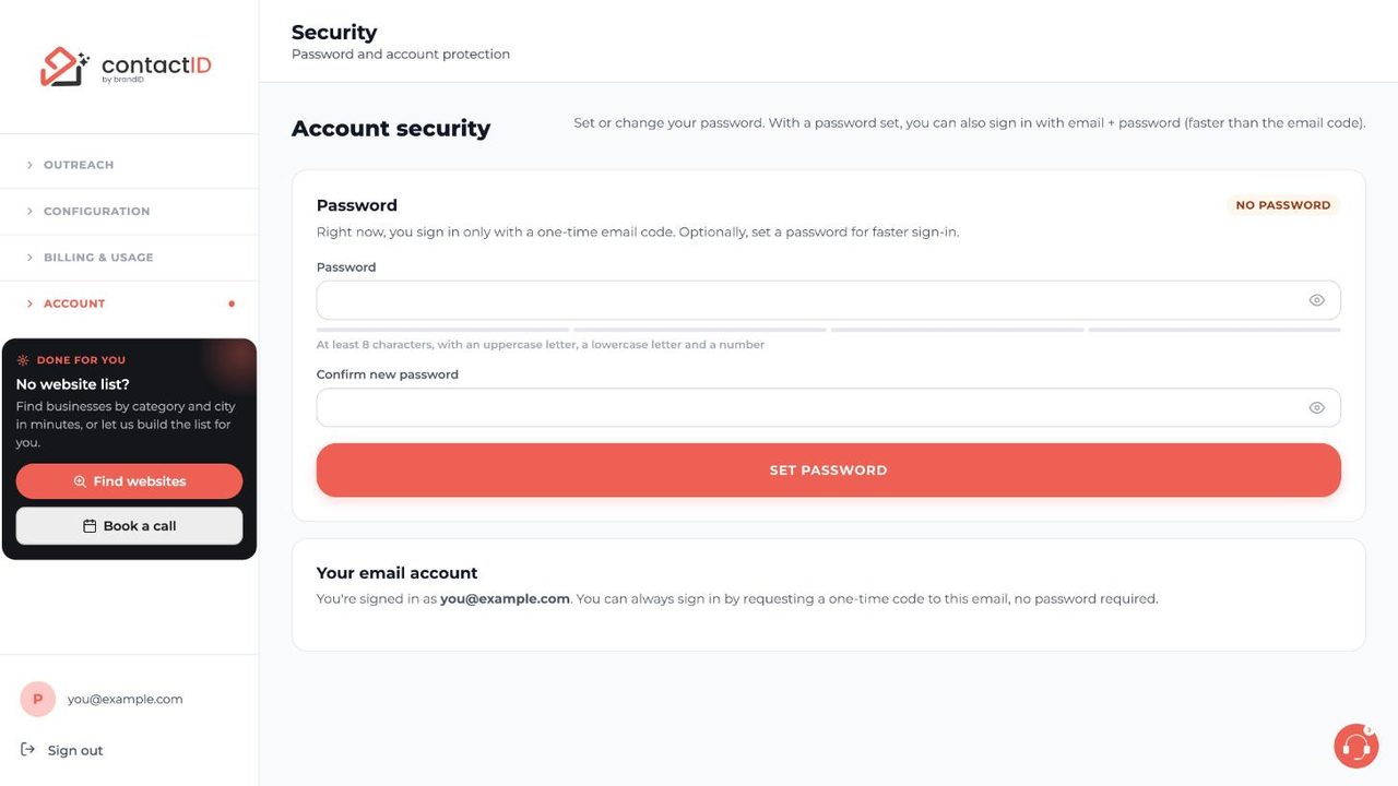 contactID Security page where you can set a password