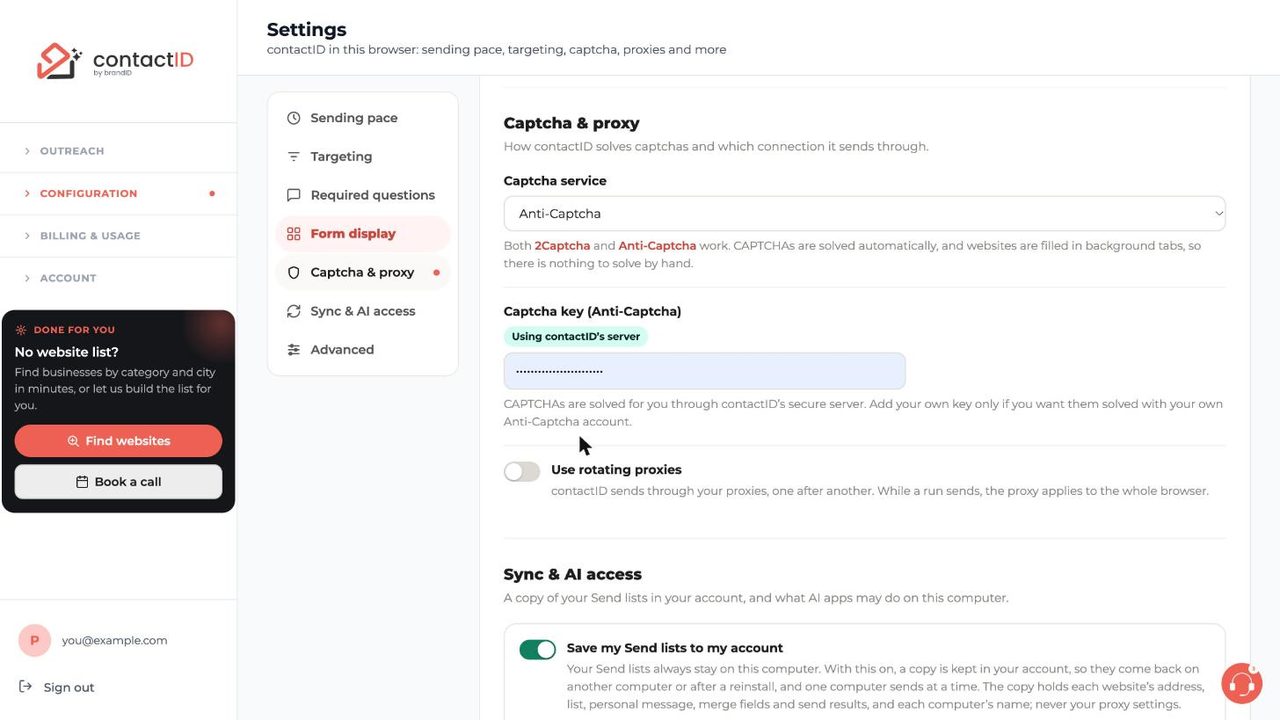 Settings Captcha and proxy section with captcha service and rotating proxies switch