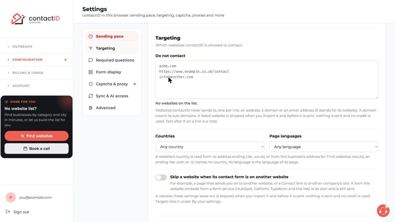 Settings Targeting section with Do not contact list, countries and languages