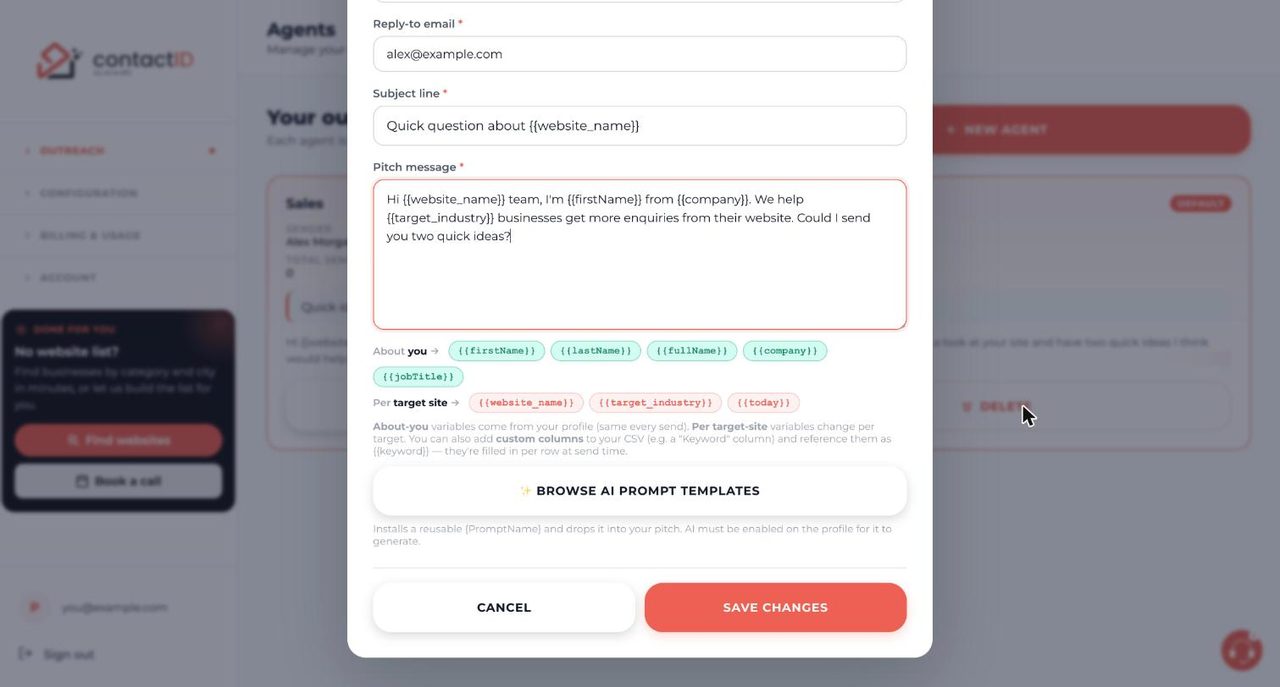 New agent form with name, sender, reply-to, subject and pitch message