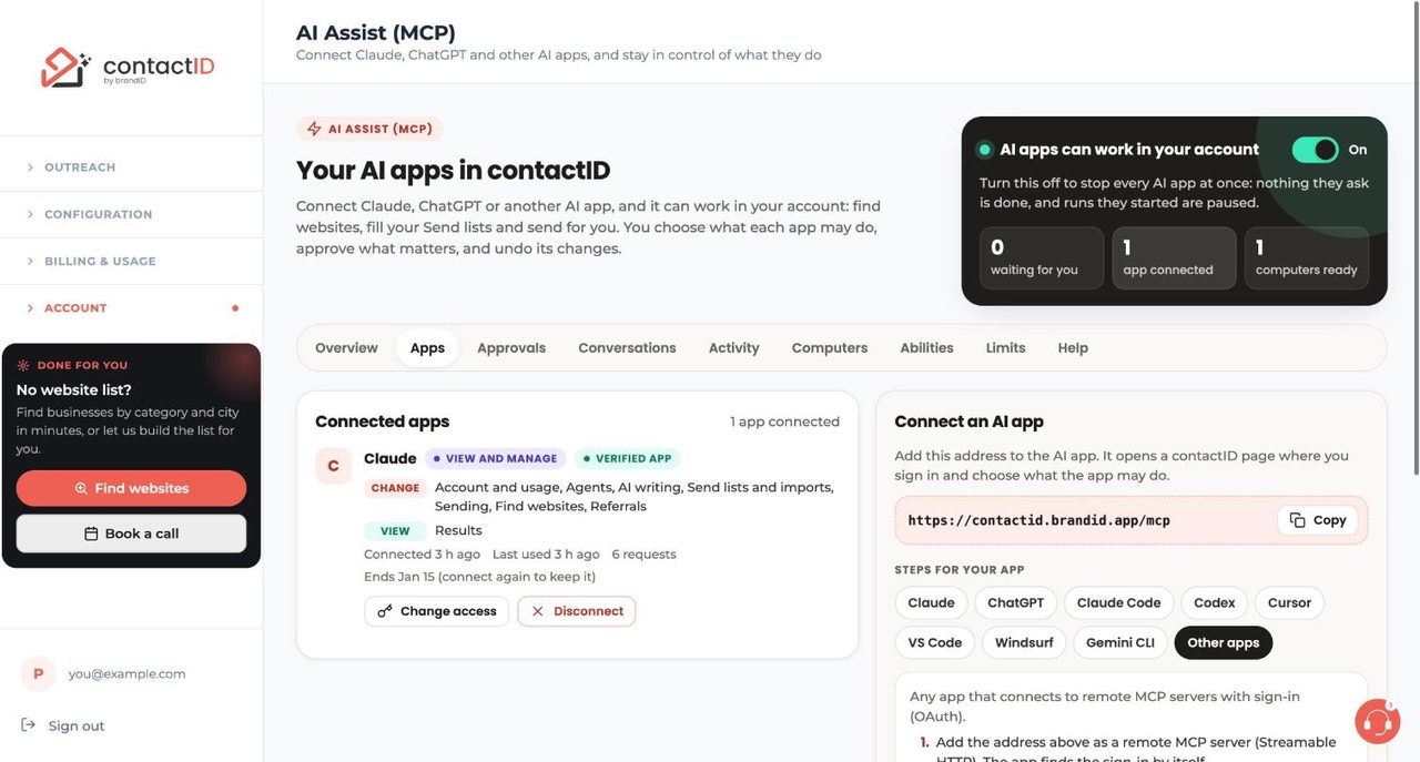 AI Assist Apps tab with a connected Claude app and the Connect an AI app panel