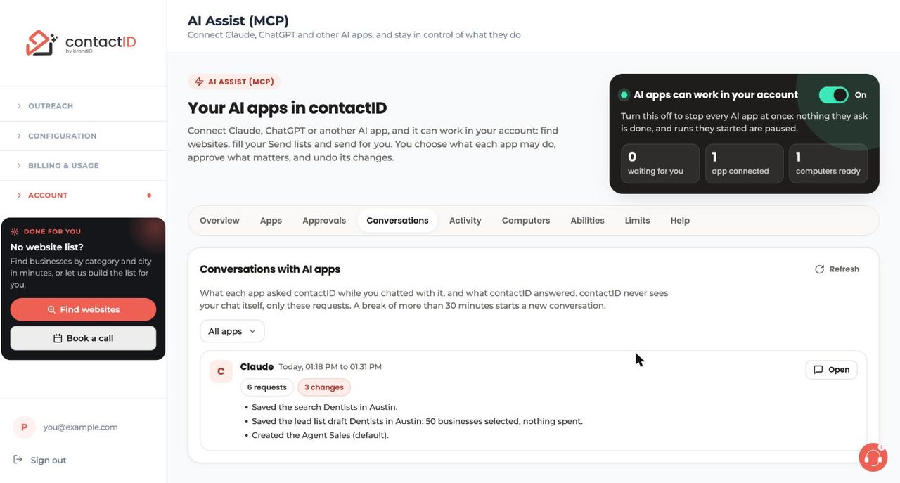 AI Assist Conversations tab grouping requests by chat